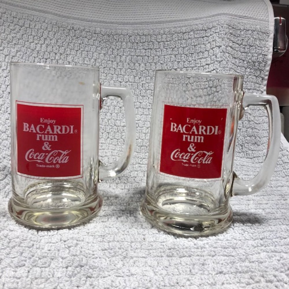 Set of 2 "1977" Bacardi Rum & Coca-Cola Heavy Glass Mugs